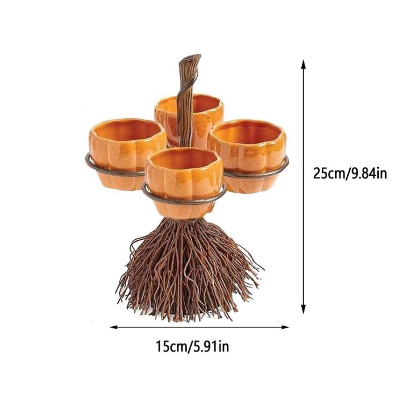 Pumpkin Halloween Snack Bowl Stand Broom Candy Holder Party Serving Fruit Salad