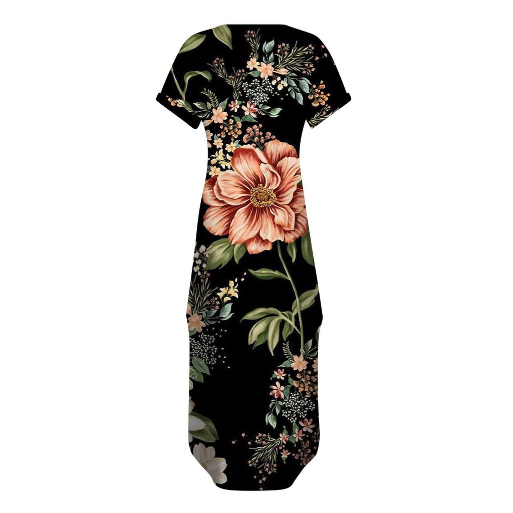 Women Summer Casual Loose  V Neck Short Sleeve Beach Maxi Long Dresses Trendy Outfits