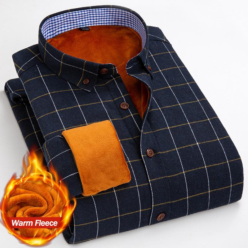 Теплая рубашка Зимняя мужская флисовая классическая клетчатая рубашка с длинным рукавом Комфортная приталенная повседневная деловая плюшевая бархатная утолщенная рубашка-платье