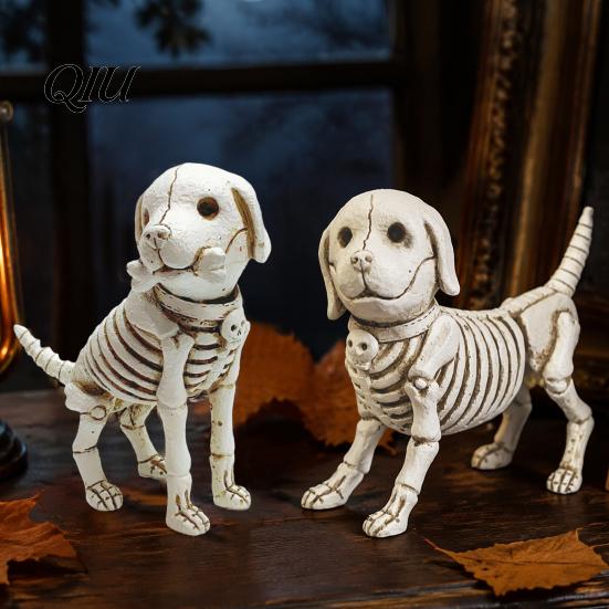 Dark Fun Haunted House Props Skull Puppy Resin Figurine, Halloween Retro Skeleton Dog Statue, Durable Synthetic Crafts Gothic Desktop Ornament