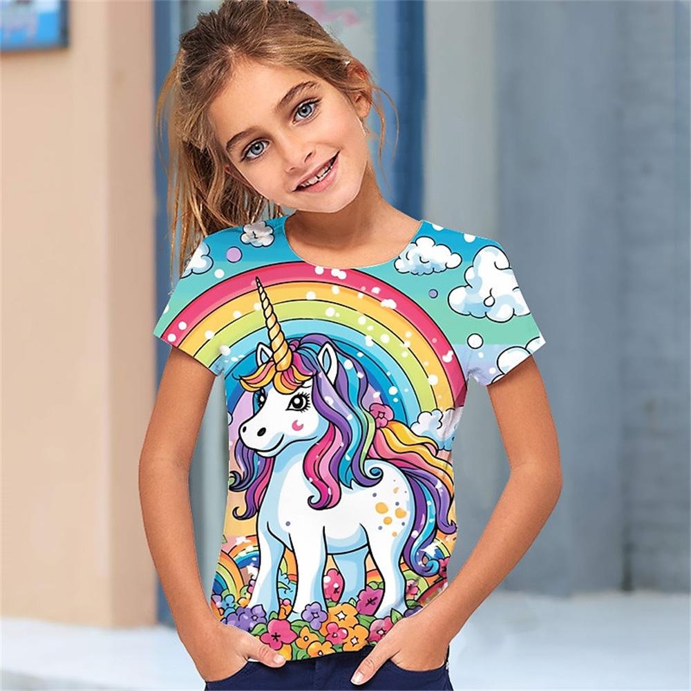2025 Милая футболка с 3D-принтом для девочек с изображением животных, милые футболки для девочек, детская подарочная футболка с коротким рукавом, повседневный топ, детская одежда