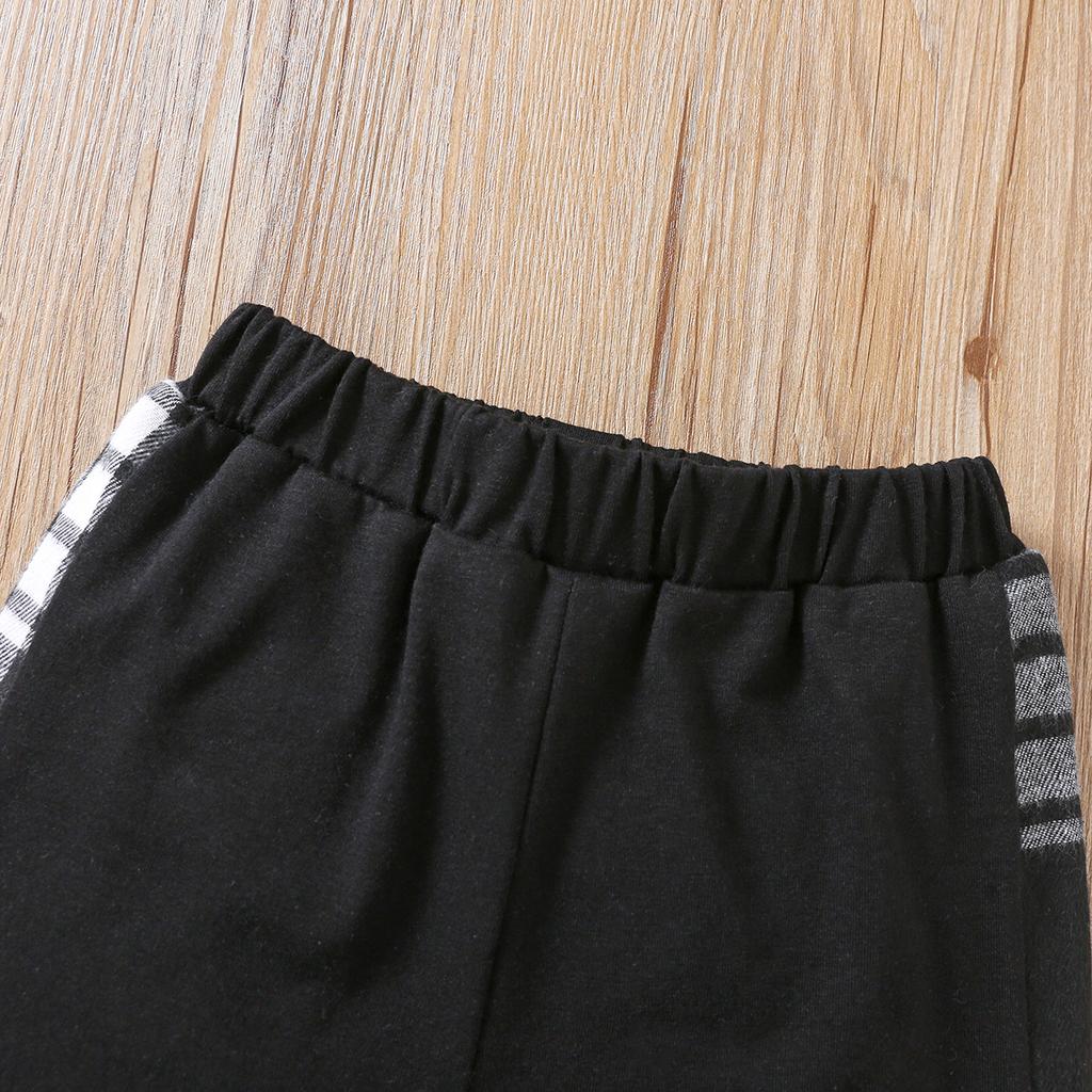 Boys Summer Outfit Letter Print Plaid Patch Round Neck T Shirt Shorts Two Piece Set Casual Style