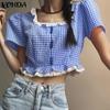 VONDA Женские летние кружевные блузки с квадратным вырезом в клетку с коротким рукавом и пузырьками