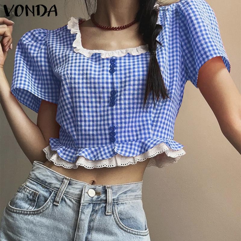 VONDA Женские летние кружевные блузки с квадратным вырезом в клетку с коротким рукавом и пузырьками