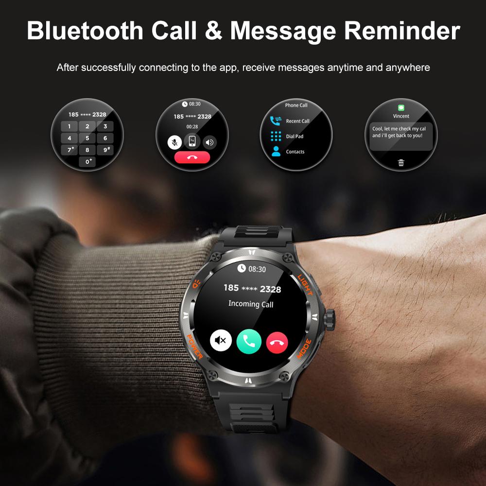 1,53-дюймовый Bluetooth-звонок Смарт-часы мужские спортивные компас фитнес-трекер водонепроницаемый светодиодный свет 500 мАч Смарт-часы для Android IOS KT76