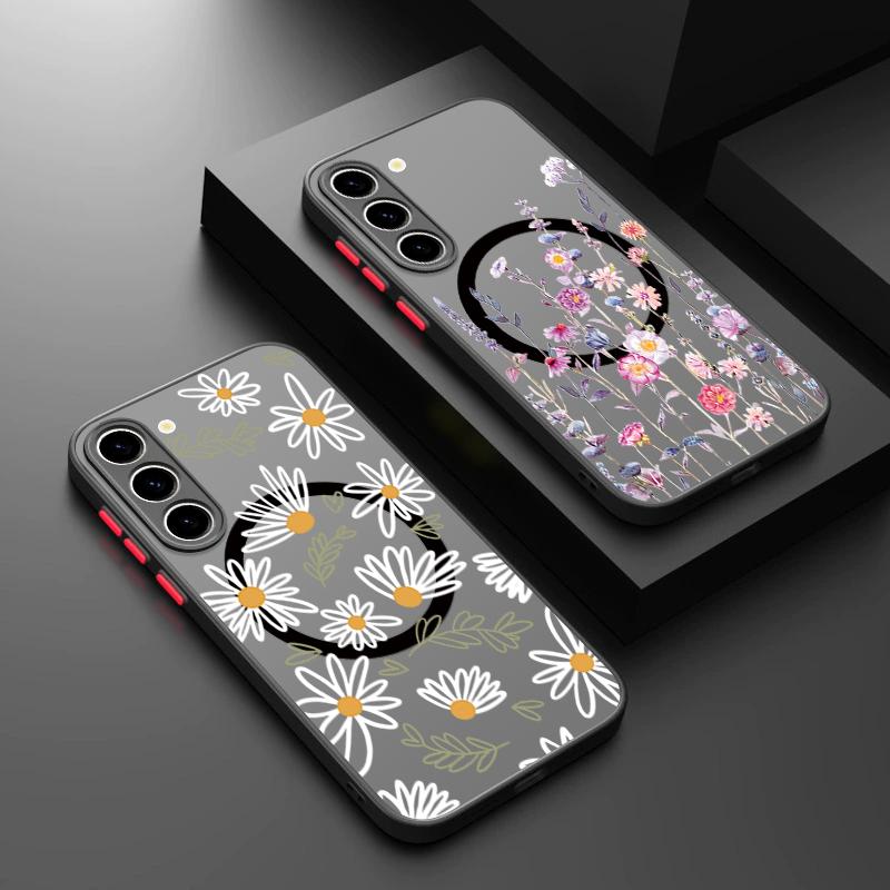 Цветной Цветочный Магнитный Чехол для Телефона Для Samsung Galaxy S26 S25 Ultra S24 S23 FE S22 Ultra Для Magsafe Жесткая Матовая Задняя Крышка