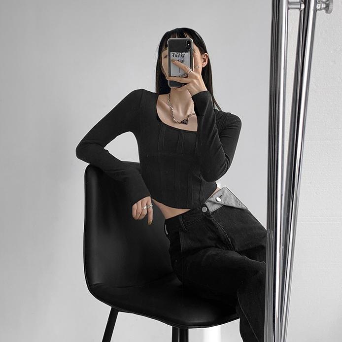 Y2k T-shirt Girls Crop Tops Spring Women Long Sleeve O Neck Cotton Shirts Bustier Harajuku Pullover Streetwear All-match T-shirt