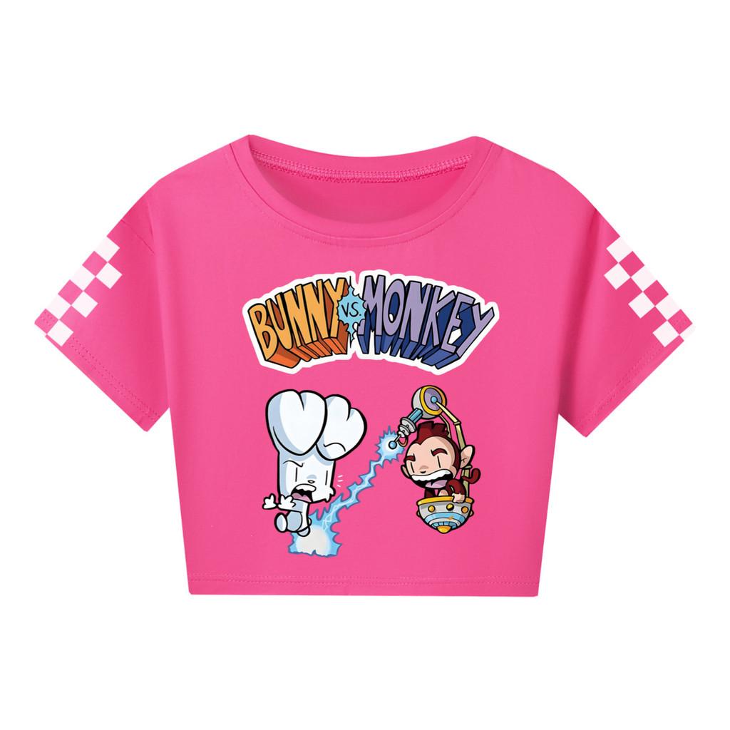 4187 Kid Girls Bunny Monkey Print Short Sleeve Short T-Shirt