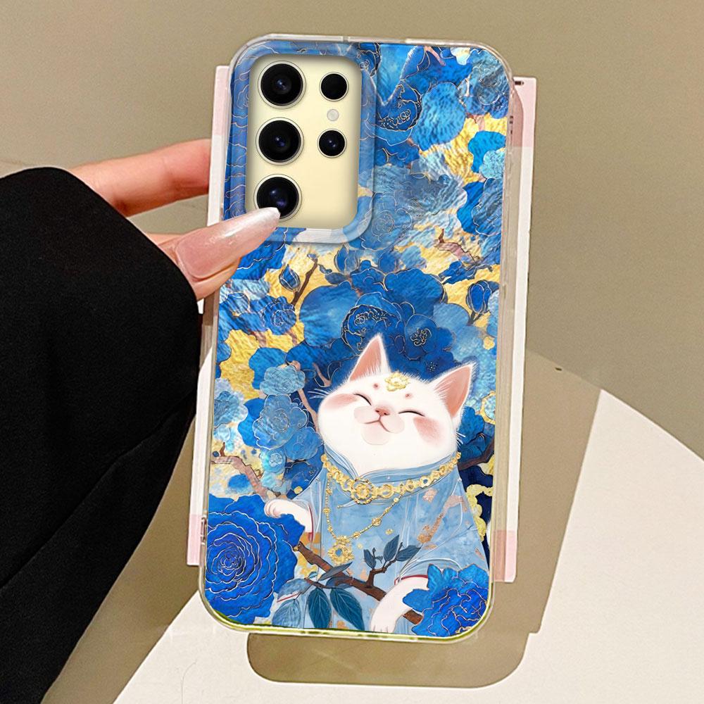 Korean Cute White Cat Vortex Pattern Girls Phone Case for Samsung Galaxy S25 Edge S24 S23 S22 S21 S20 FE Plus Ultra Bags Cover