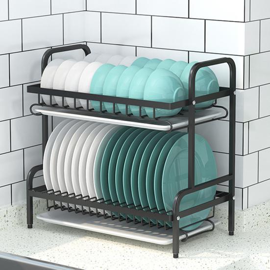 Dish Draining Rack 2-Tier Anti-Slip Feet Holds 17 Plates 18 Bowls Glasses