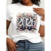 Женская футболка 2026 С Новым Годом (европейский размер) - Модная футболка с гламурным принтом букв 2026 С Новым Годом