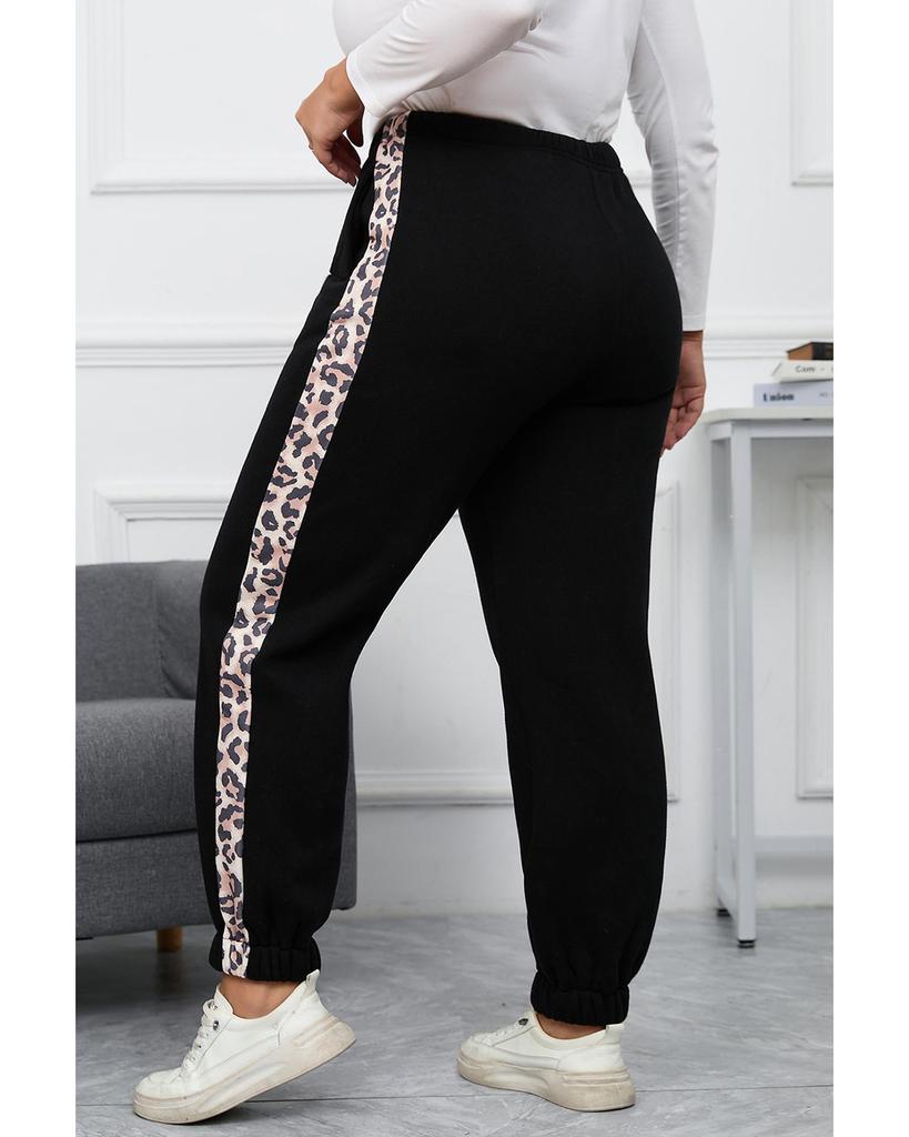 Azura Exchange Black Plus Size Contrast Leopard Side Panel Joggers