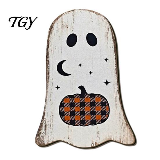 Halloween Wooden Table Decor Tabletop Decorative Plaque, Rustic Distressed Wood Art Sign, Cute Tiered Tray Decorations Ghost Patterns Design,