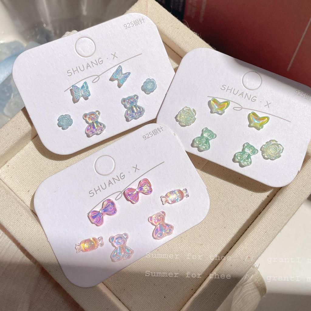 Серьги из лазерной смолы Aurora Bear — три пары милых, свежих, простых и универсальных серебряных сережек-игл для женщин