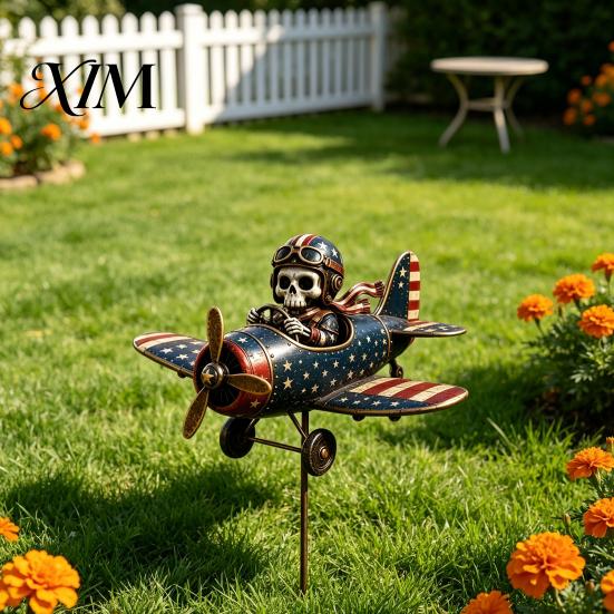 Hand Painted Outdoor Sculpture Metal Skeleton Pilot Airplane Wind Spinner with Ground Stake, Vintage American Flag Garden Yard Art for Rustic