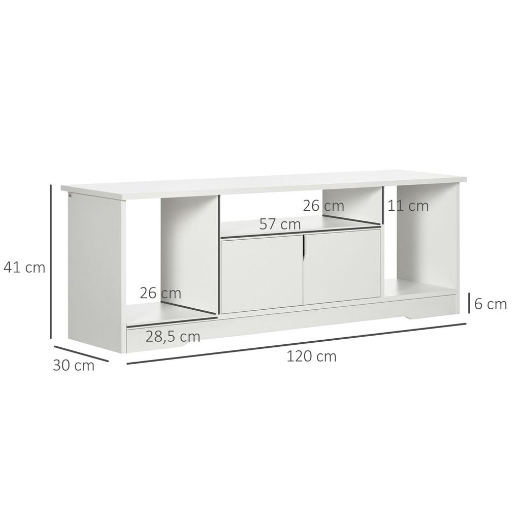 TV Cabinet TV Bench Contemporary Design - 3 Open Compartments, Double Door Cupboard - Dim. 120L x 30W x 41H cm - White Particle Board
