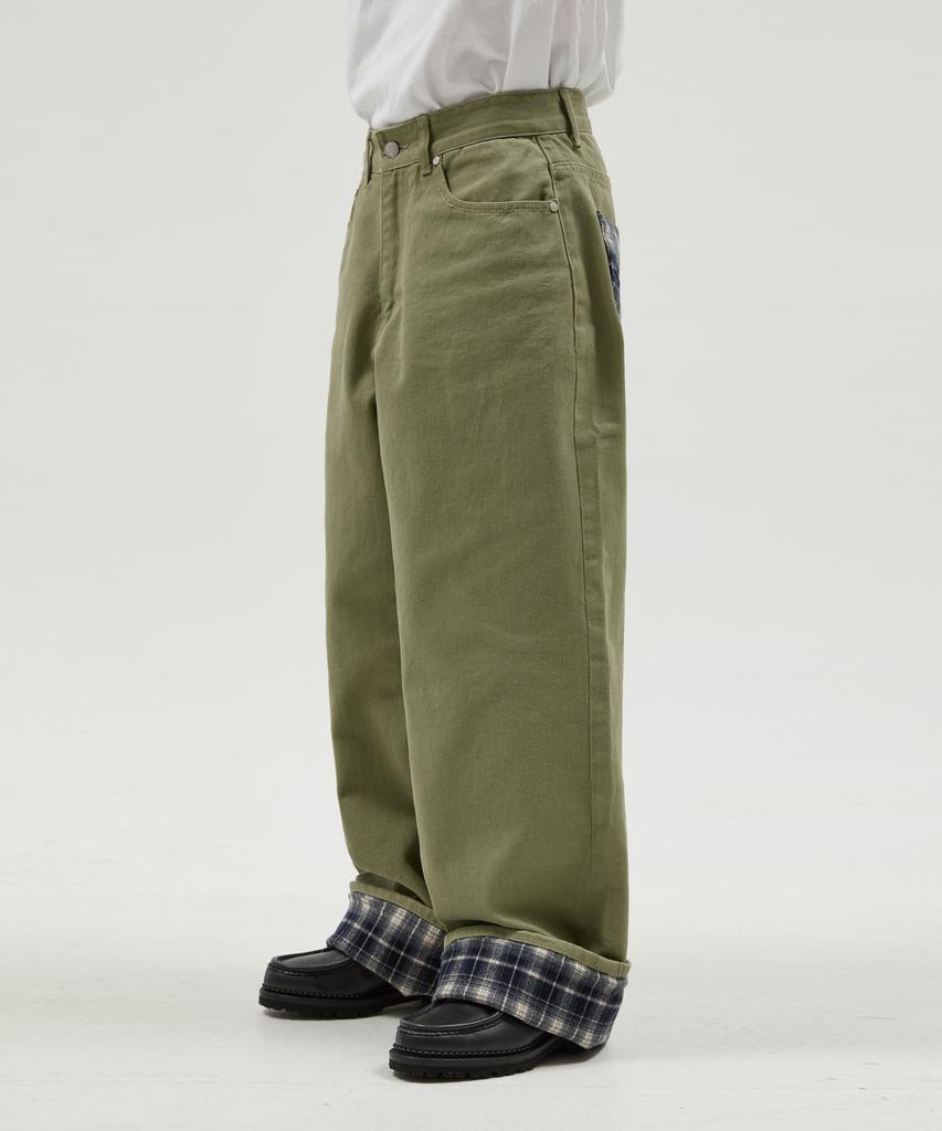 WAIKEI Check Applique Roll-Up Cotton Pants Khaki