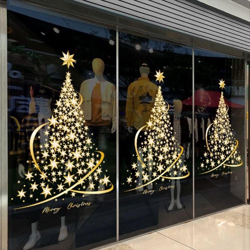 Golden Christmas Tree Window Stickers Large Decor Mural Home Decoration Xmas Decals  Party