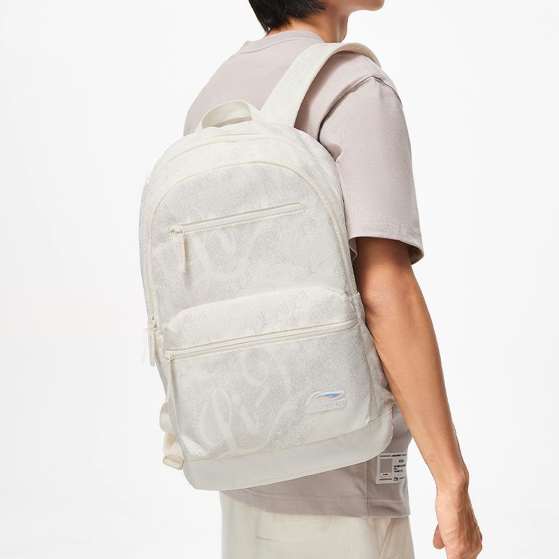 Li Ning Sports Lifestyle Series Fashion Casual Versatile Brand Logo Eco-Friendly Polyester Student Backpack Unisex Backpack Off-White ABST017-3