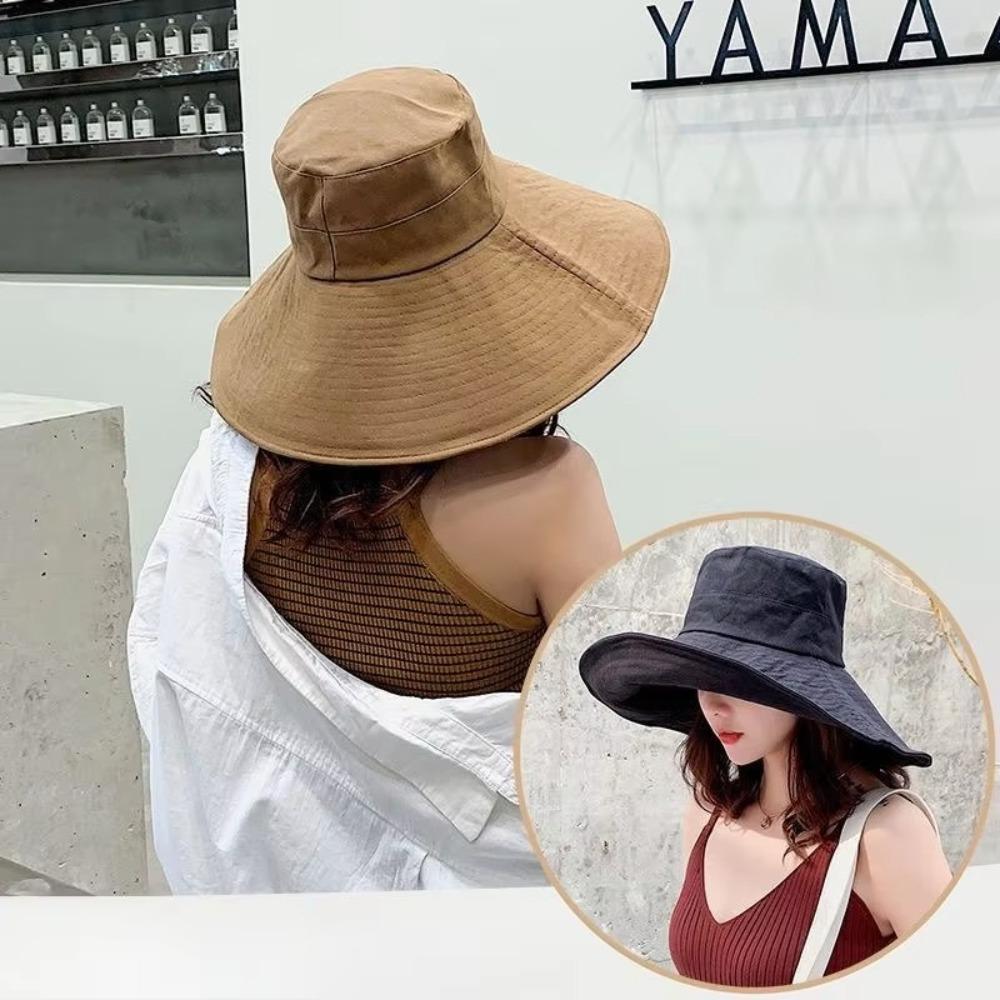 Summer 15CM Large Brim Sun Hat UV Protection Solid Color Beach Bucket Hat Foldable Breathable Sunshade Cap