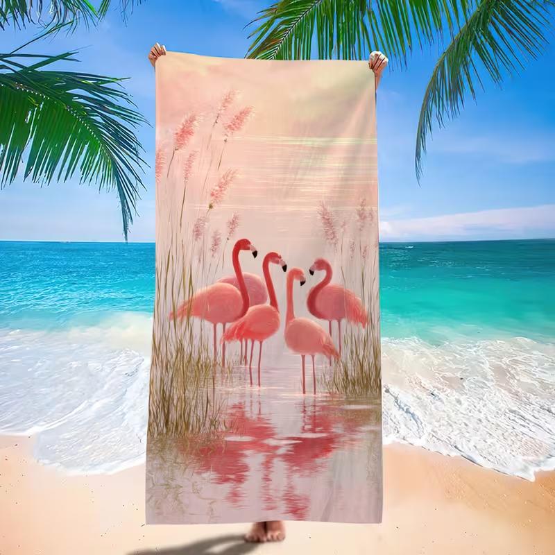 Pink Flamingo Reed Lake Scenery Beach Towel Soft Sandproof Quick Dry Absorbent Towel Summer Beach Pool Travel Yoga Towel