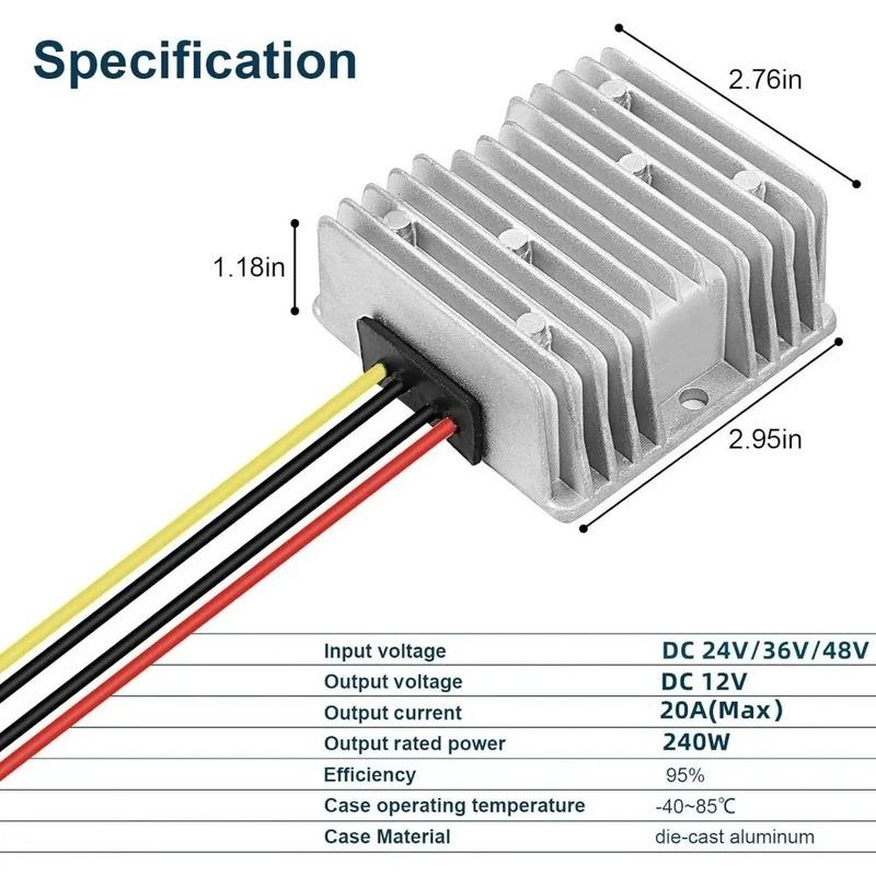 24V 36V 48V Step Down to 12V 20A Converter Buck Regulator Reducer Golf Cart Voltage Converter Waterproof Transformer with Fuse