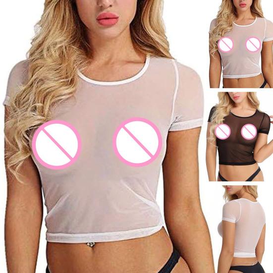 Женский укороченный топ с прозрачной тонкой сеткой, круглым вырезом, короткими рукавами, сексуальная одежда