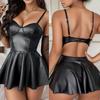 Fashionable Women Black Leather Dress with Thong and Gloves for Outings