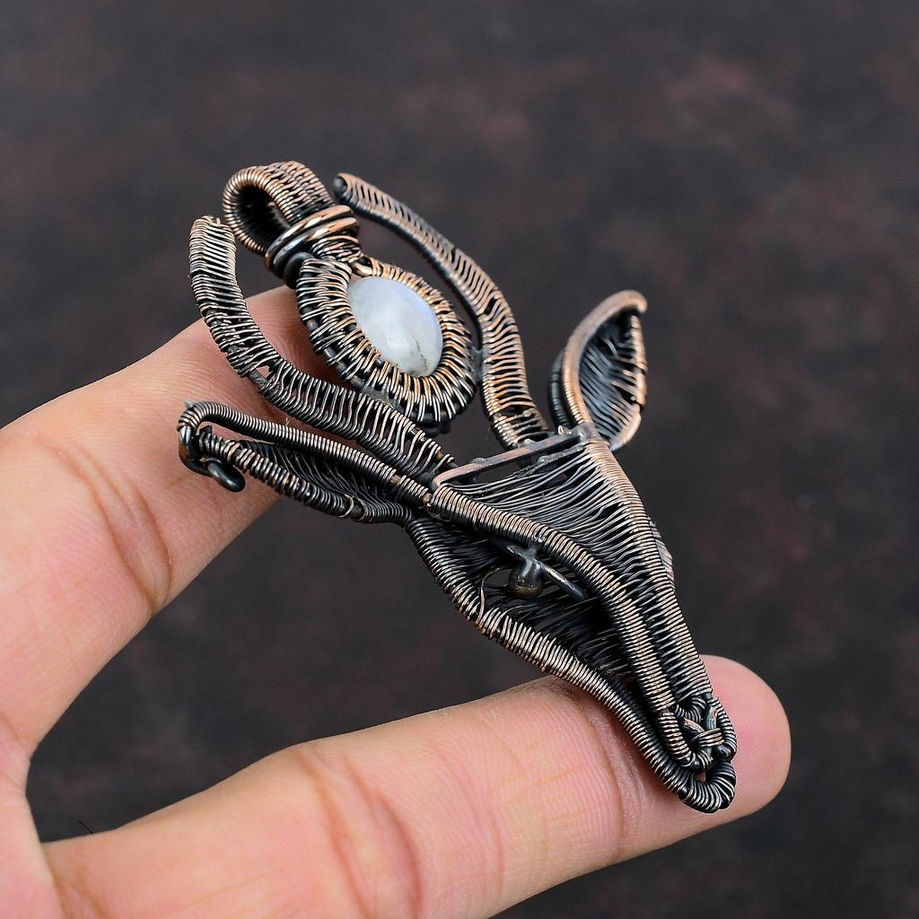 Rainbow Moonstone Pendant Copper Wire Wrapped Jewelry Gemstone Cow Face Pendant Copper Pendant Handmade Jewelry For Gift Wire Wrap Pendants