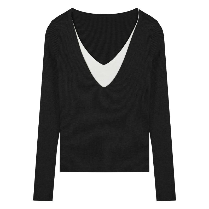 Темперамент V-образный вырез трикотаж низ топы женский осенний тонкий пуловер свитер