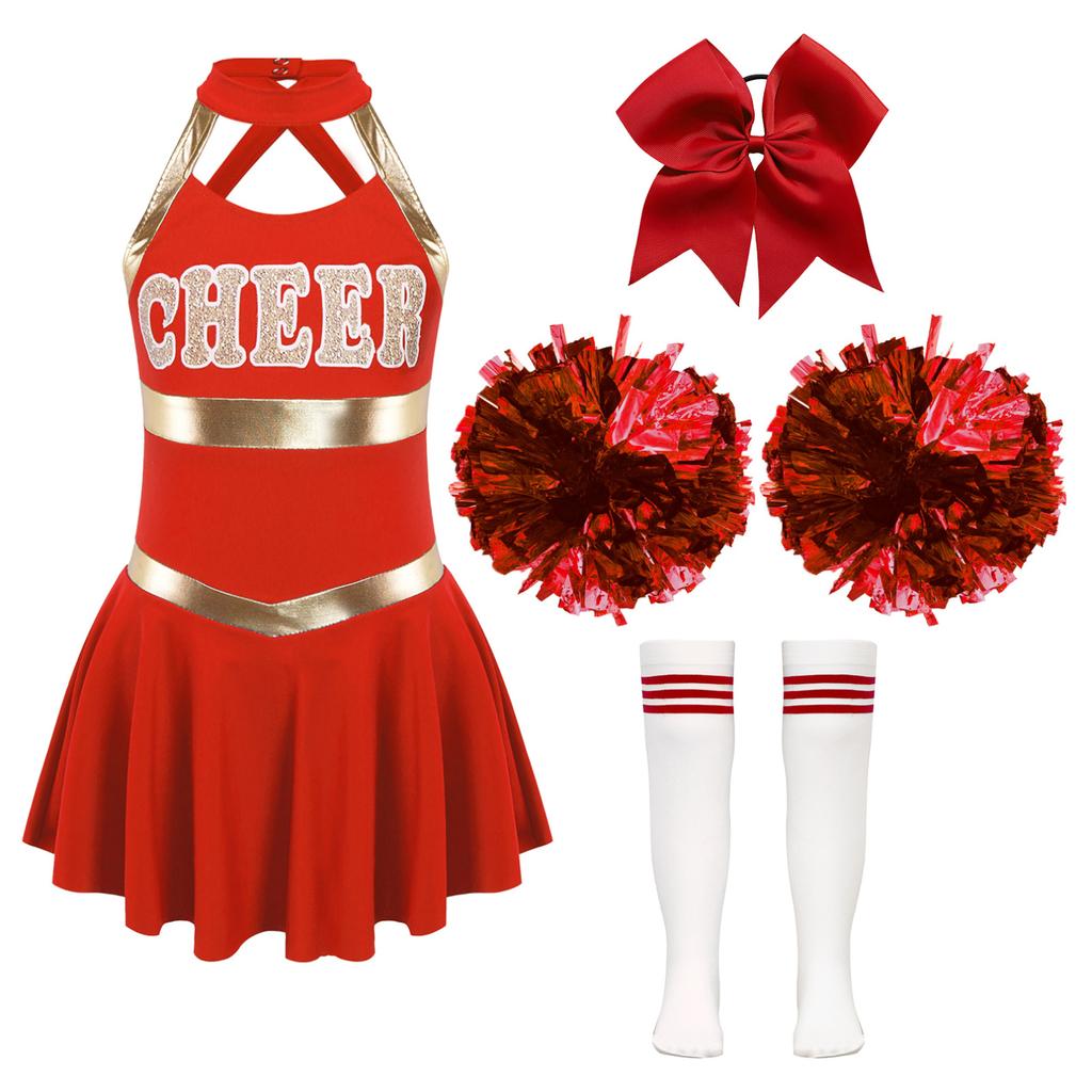 Kids Girls Cheer Leader Costume Halloween Cosplay Party Outfits Uniform Sleeveless Dress with Pom Poms Hair Tie Socks