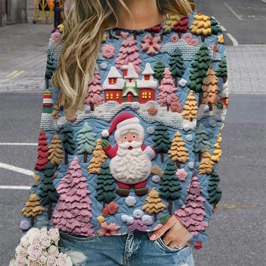 Рождественская женская толстовка с круглым вырезом, с длинным рукавом, свободная, повседневная, с милым рисунком Санта-Клауса, с забавным рисунком, с принтом