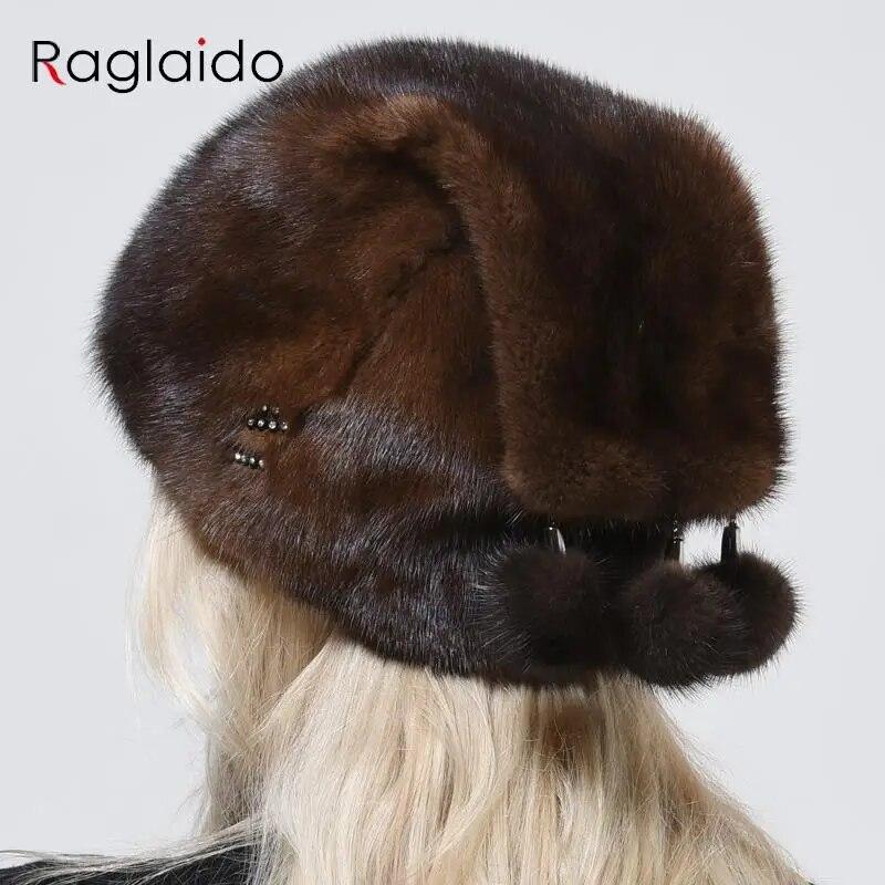 High Quality Real Mink Fur Hat Luxury Women Elegant Whole Skin Geniune Fur Hat Full Pelt 3 Balls Diamond Tail Hat Warm Snow Caps