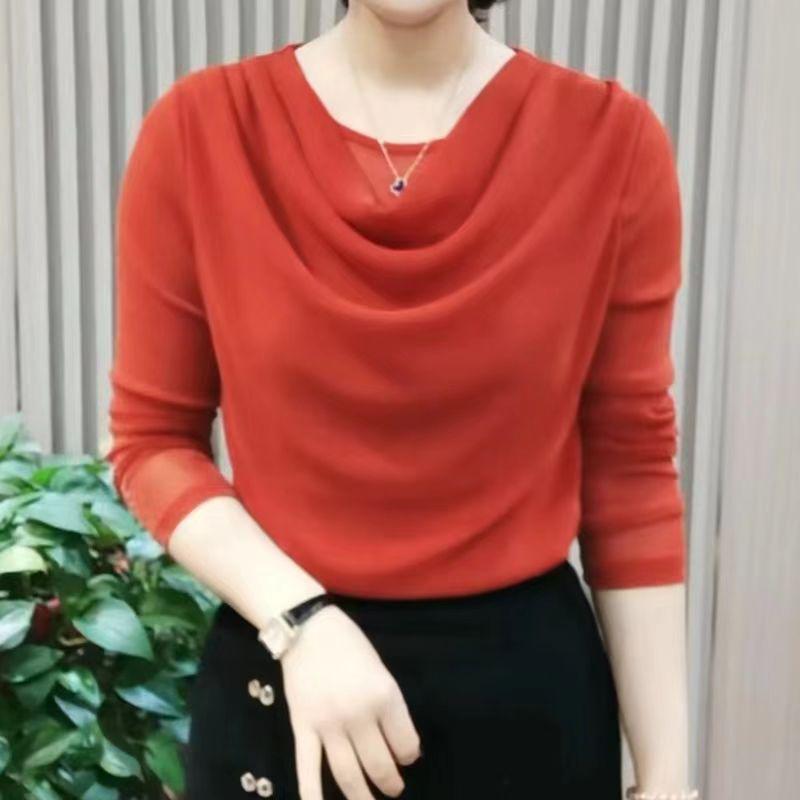 Женская футболка с длинным рукавом из сетки с воротником-стойкой, цельная, осень 2025