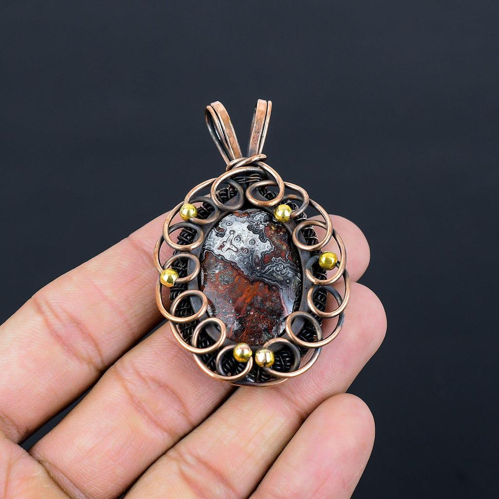 Сумасшедший кружевной агат, драгоценный камень, чистая медная проволока, обернутая ювелирной подвеской ручной работы для нее