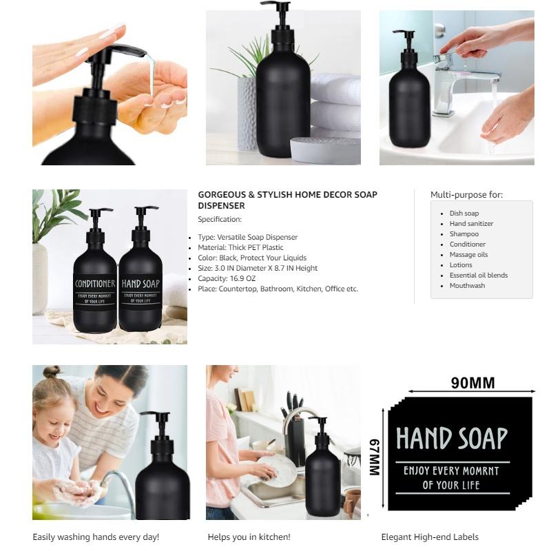 3 шт., 500 мл, матовый черный дозатор для мыла, бутылки с эфирным маслом, мыльница для рук, контейнер для жидкости, многоразовая пустая бутылка с 6 этикетками