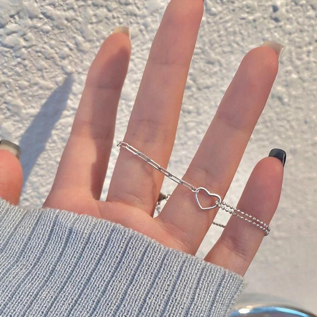 Браслет в форме полого серебряного сердца в корейском стиле: Двойной слой, просто и модно