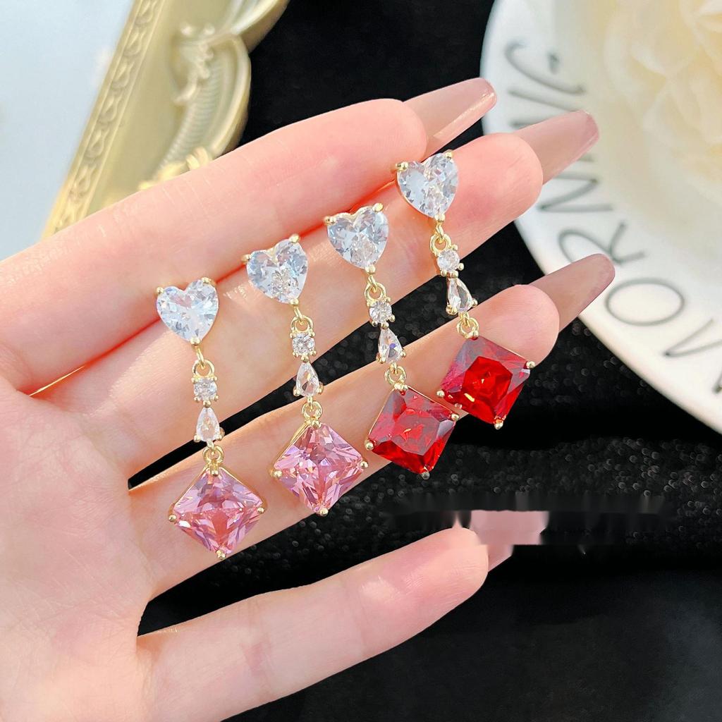 BELLA BOX Exquisite Geometric Square Tassel Heart-shaped Zircon Drop Earrings Suitable For Women's Wedding Party Fashion Jewelry