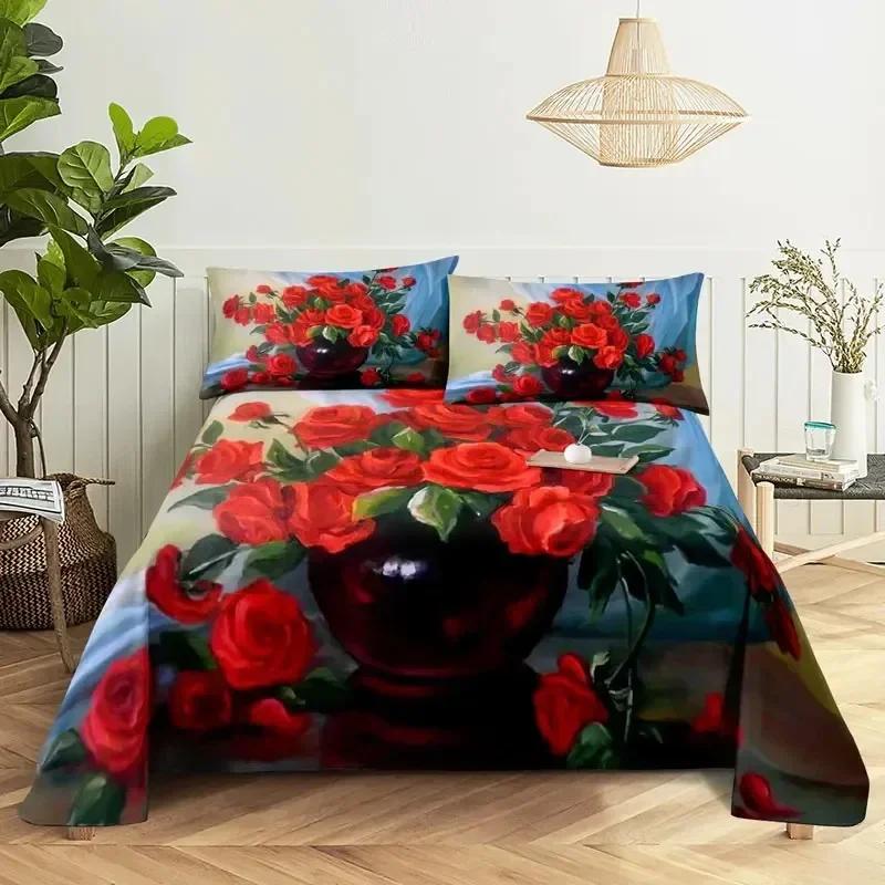 Red Rose Floral Microfiber Flower Bedding Set Single Twin Double Queen King Cal King Size Bed Linen Set