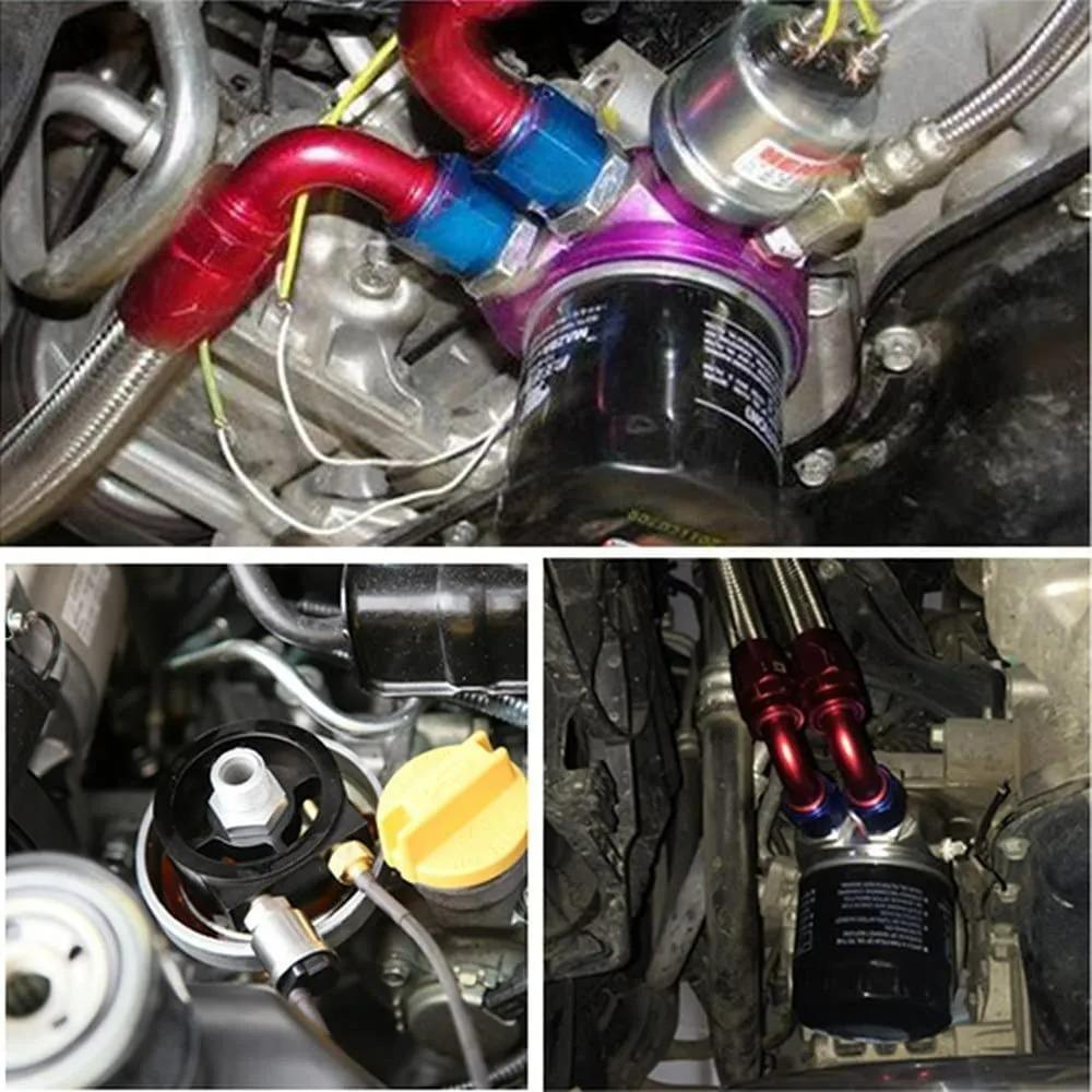 Universal Square Oil Cooler Filter Sandwich Plate+ 90℃ Thermostat 3/4" 16-UNF With AN8/AN10 Oil Filter Sandwich Adapter Aluminum