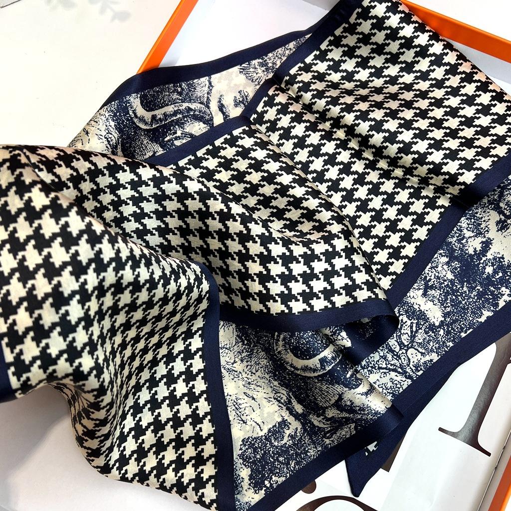 Silk Streamer 100% Mulberry Silk Texture Rhombus Pattern Double-Sided Versatile Retro Decorative Scarf Long Silk Scarf