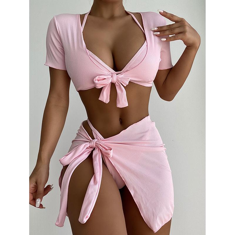 Solid Color Swimsuit Women 4-Piece Bikini Sexy Beach Skirt Bathing Suit Short Sleeve Swimwear High Waist Summer Beachwear