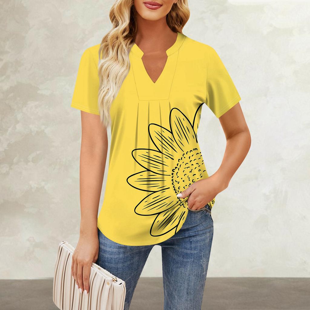 Women's Short Sleeve Casual V-neck Chest Pleated Printed Loose T-shirt Top