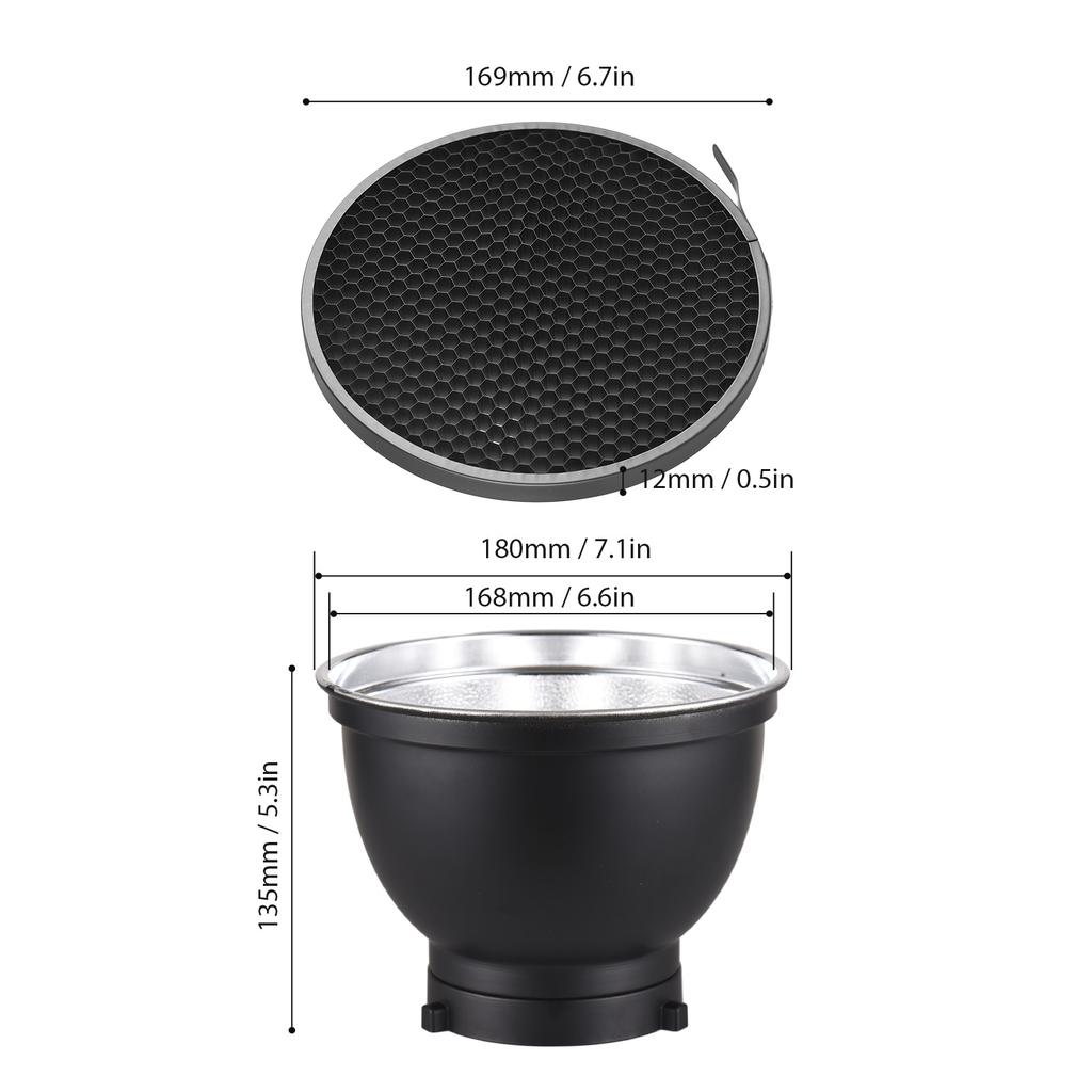 7 Inch Standard Reflector + 6pcs Photography Honeycomb Grid Kit 10 Degrees /20 Degrees /30 Degrees /40 Degrees /50 Degrees /60 Degrees Honeycomb