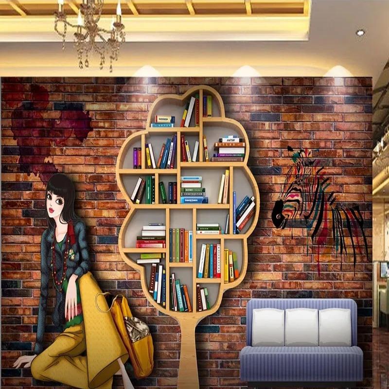 3d фрески ностальгическая кирпичная стена книжный шкаф мультфильм обои красота магазин одежды инструменты настенные фрески