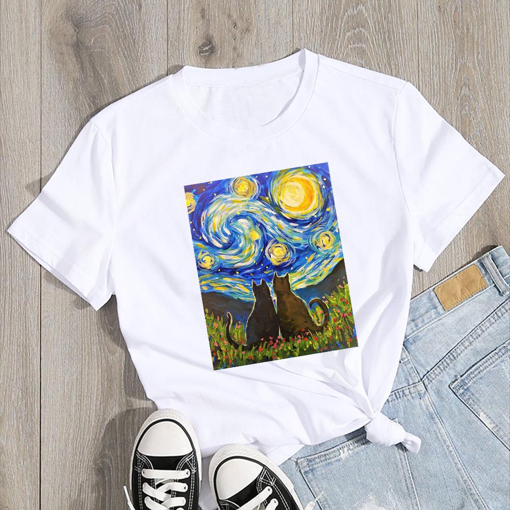 Van Gogh Starry Night Cat In The Print Fashion Soft Summer Women T-Shirt Art Painting Fashion Style Neck T Shirt