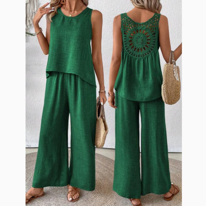 Элегантный отпускной однотонный топ с рукавом три четверти и комплект широких брюк