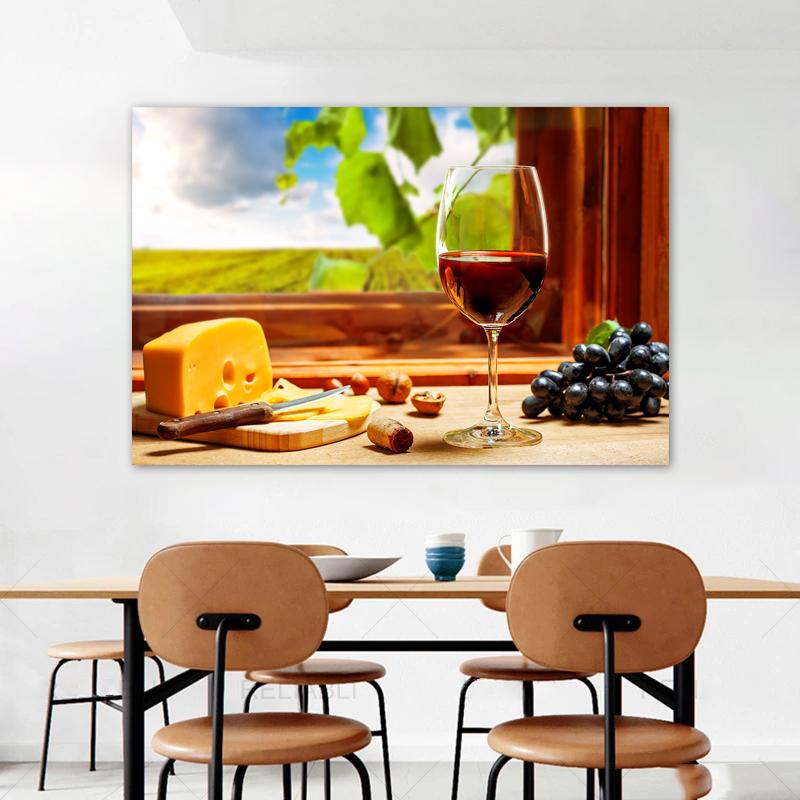 Плакаты и принты в виде стеклянных бутылок вина, картина на холсте, настенные художественные картины для столовой, домашний декор, деревянная бочка с виноградом, куадрос