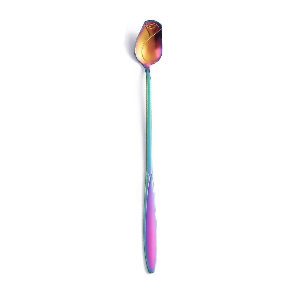 Rose Small Spoon with Long Handle Stainless Steel Long Spoon Small Rose Stirring Teaspoon for Dessert Coffee Cake Nice Gift