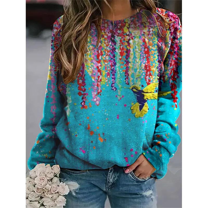 Harajuku 3D Birds Print Colorful Long Sleeve T Shirt Pullovers Women Fashion Streetwear Tops Spring Girls Floral Graphic Clothes
